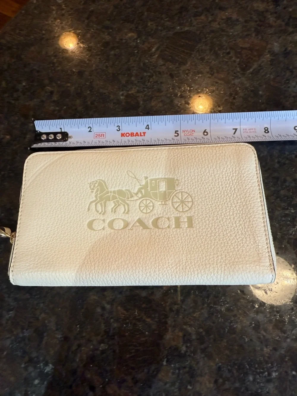 Coach Heritage Cream Zip-Around Pebbled Leather Wristlet with Gold Logo
